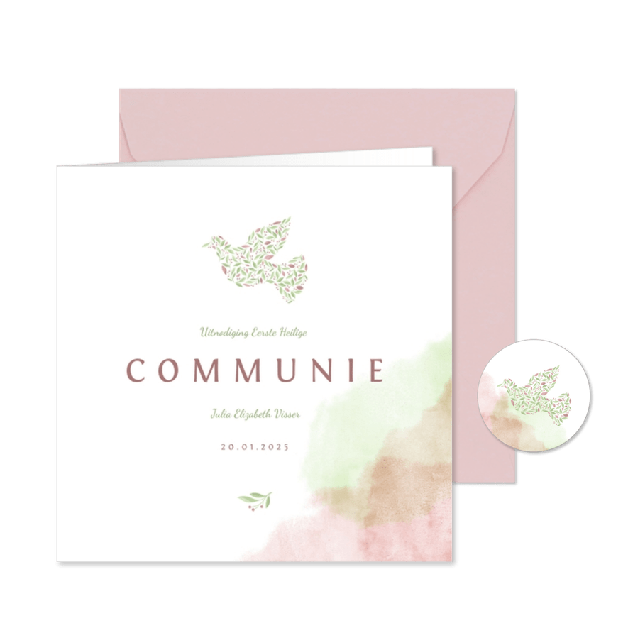Communiekaart met duif van bloemen en waterverf - Kaartimpressie