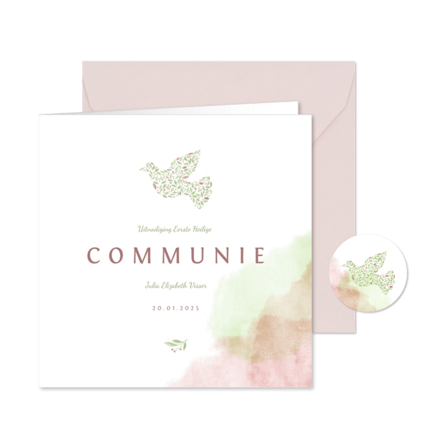 Communiekaart met duif van bloemen en waterverf - Kaartimpressie