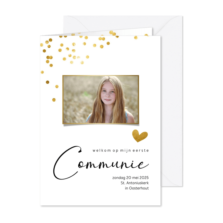 Communiekaart met gouden confetti stippen en eigen foto - Kaartimpressie