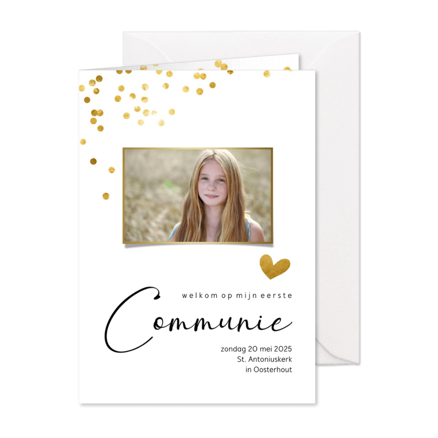 Communiekaart met gouden confetti stippen en eigen foto - Kaartimpressie