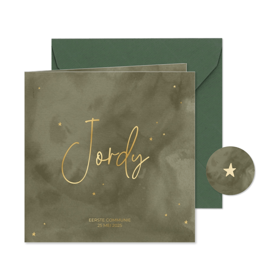 Communiekaart met groene waterverf en goudfolie sterren - Kaartimpressie