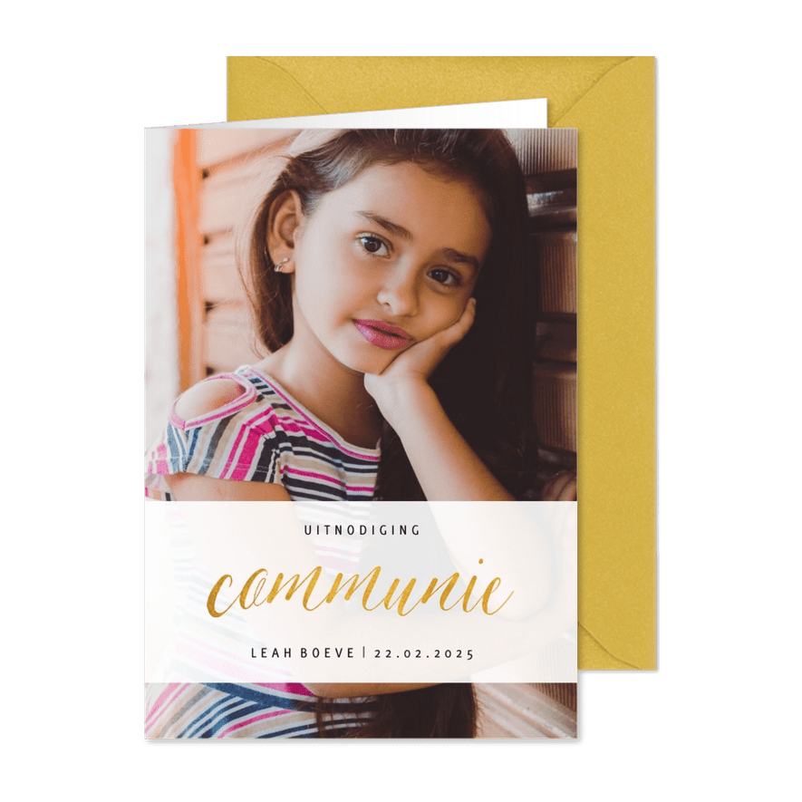 Communiekaart met grote foto en goudlook communie - Kaartimpressie