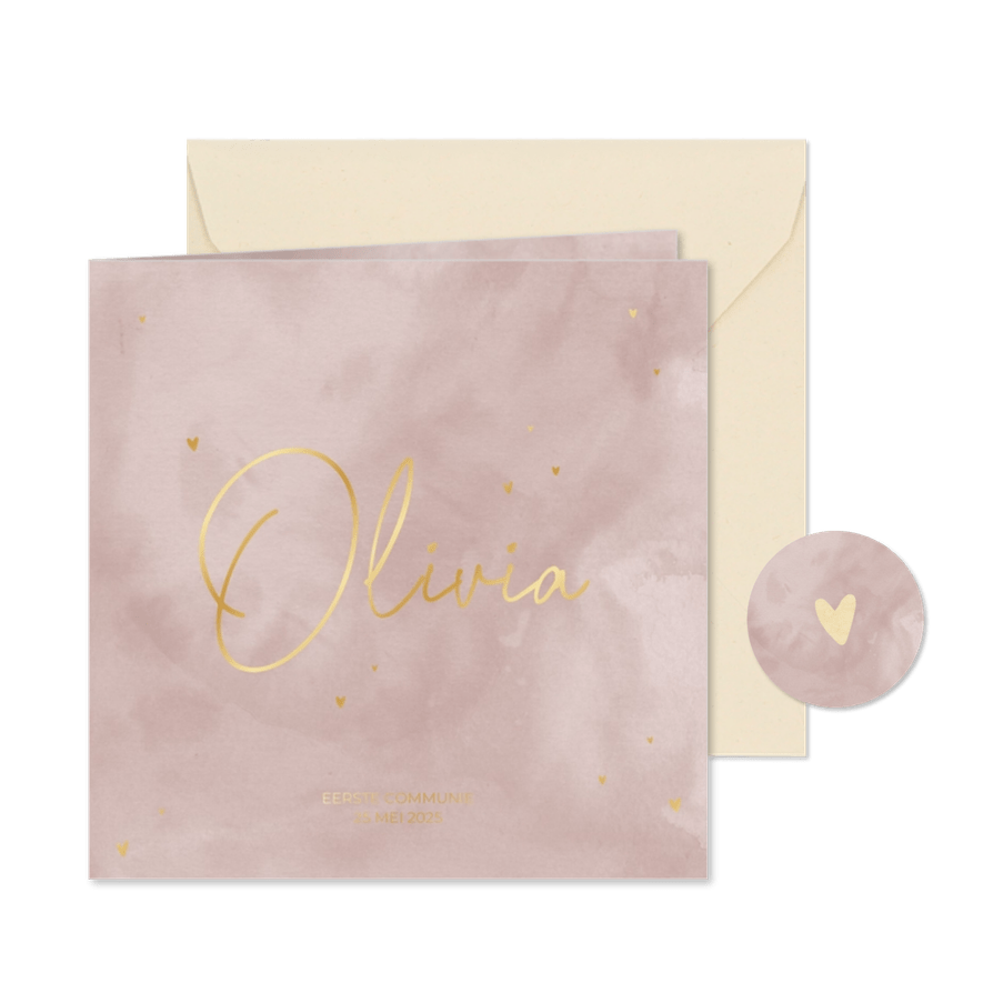 Communiekaart met oudroze waterverf en goudfolie hartjes - Kaartimpressie