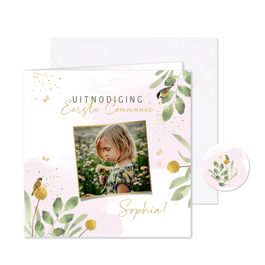 Communiekaart met takjes en vogels - Kaartimpressie