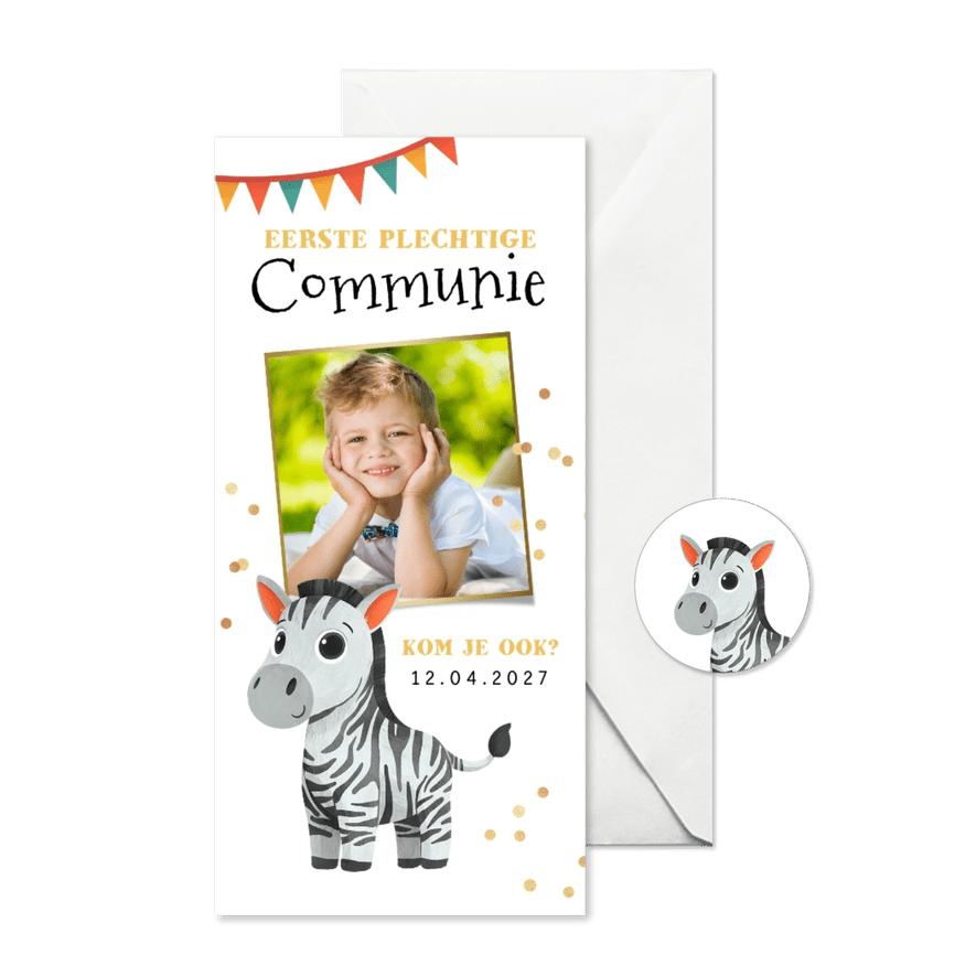 Communiekaart met zebra eigen foto confetti en slingers - Kaartimpressie