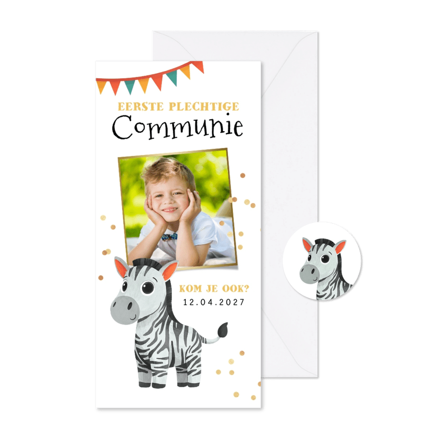 Communiekaart met zebra eigen foto confetti en slingers - Kaartimpressie