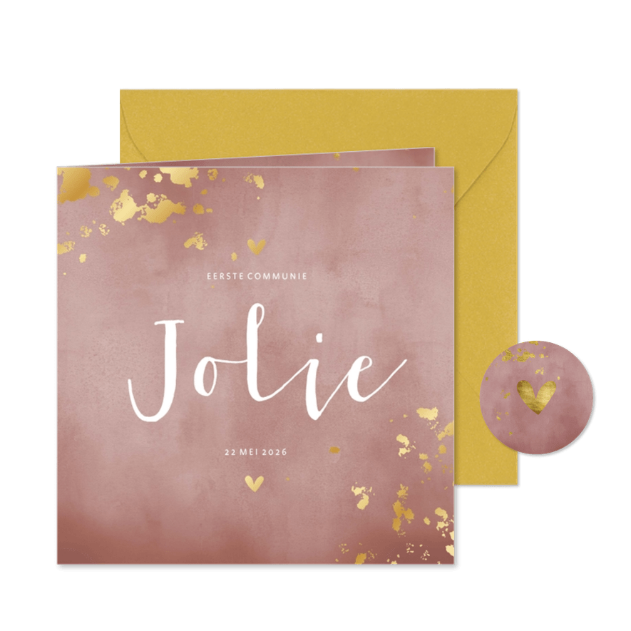 Communiekaart oud roze waterverf gouden spetters - Kaartimpressie