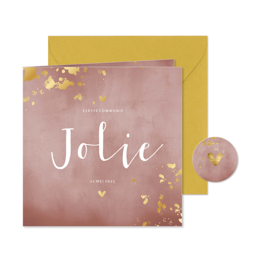 Communiekaart oud roze waterverf gouden spetters - Kaartimpressie