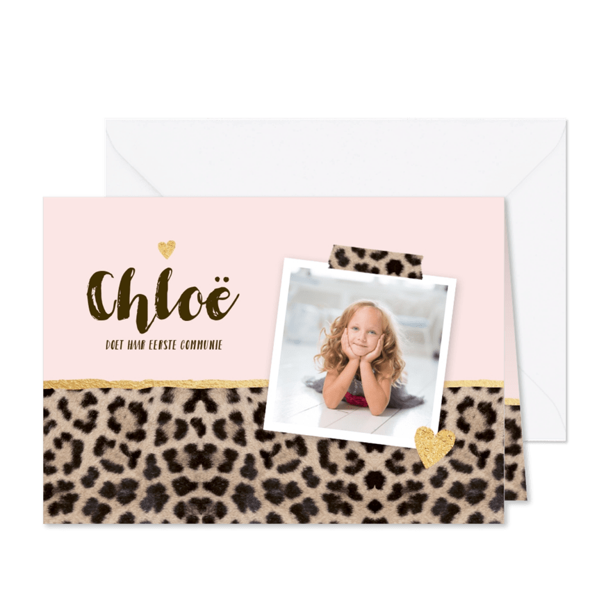 Communiekaart panterprint foto hartjes roze - Kaartimpressie