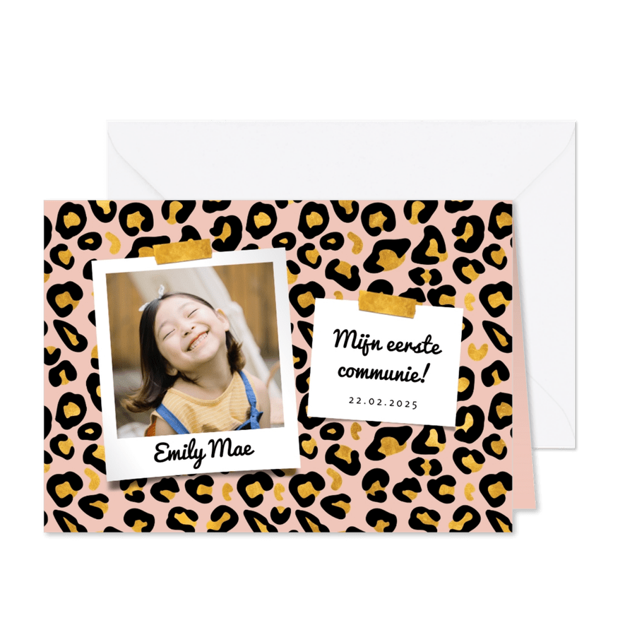 Communiekaart panterprint met goudlook en foto - Kaartimpressie