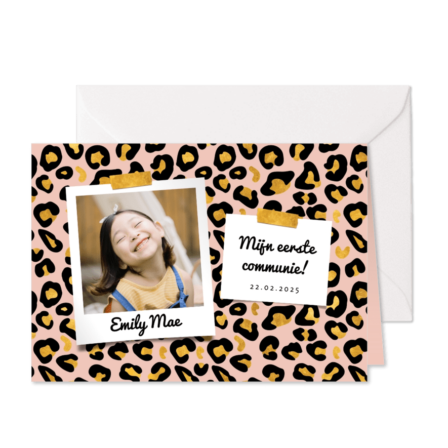 Communiekaart panterprint met goudlook en foto - Kaartimpressie