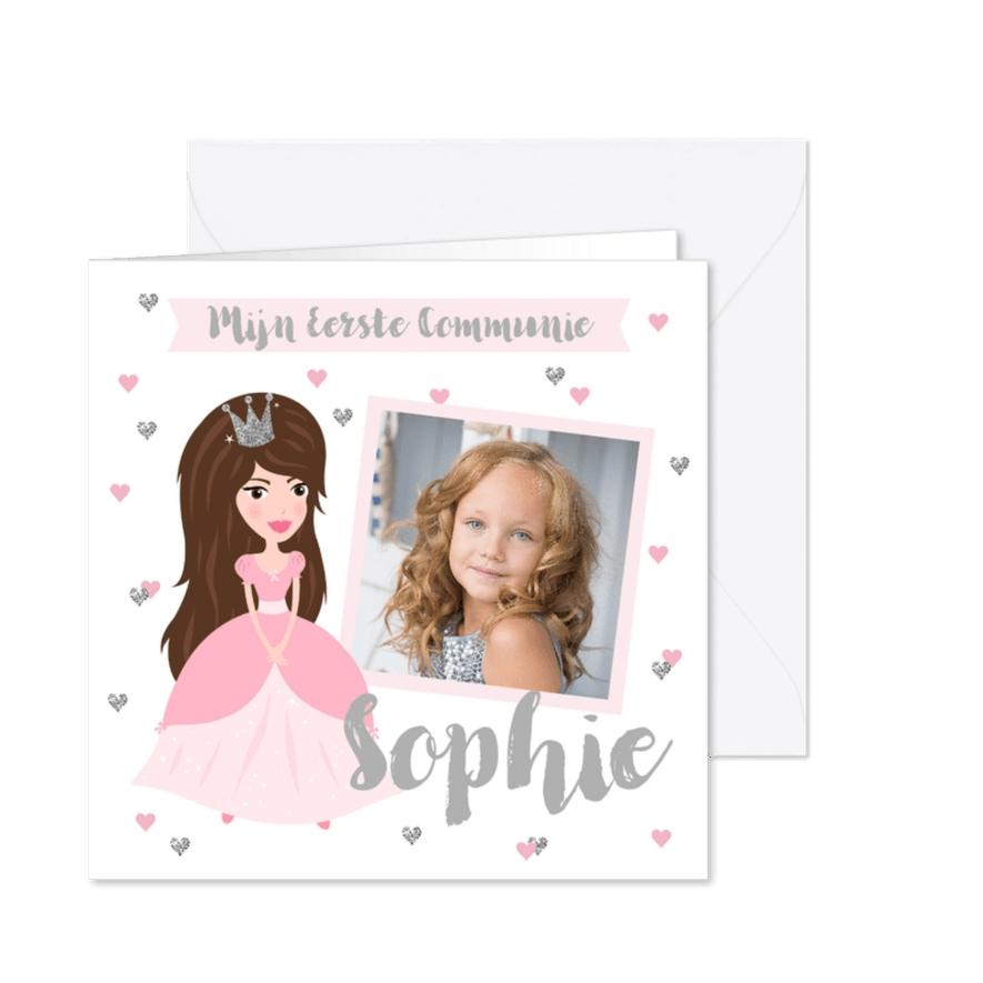 Communiekaart prinses hartjes foto - Kaartimpressie