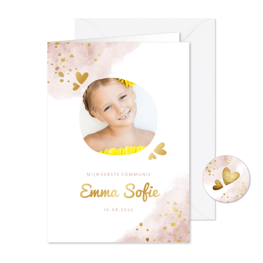Communiekaart roze met foto, gouden hartjes en waterverf - Kaartimpressie