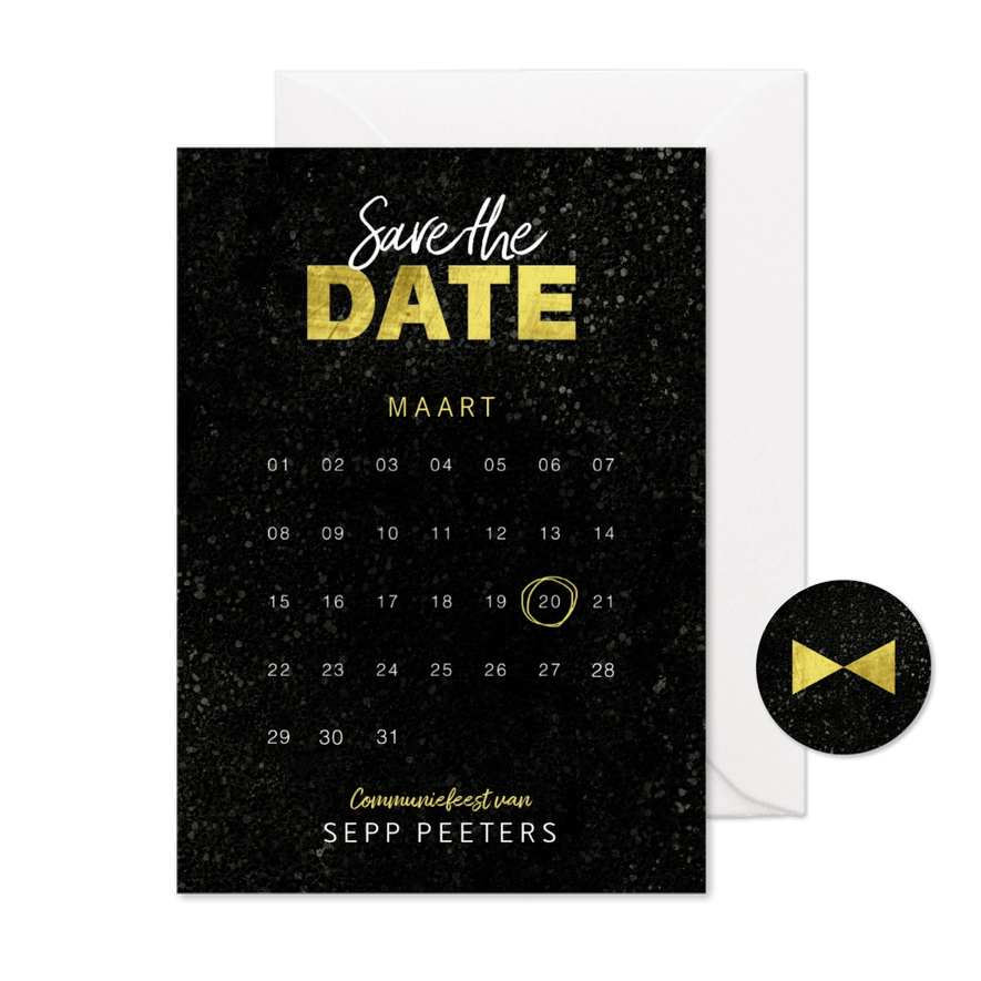 Communiekaart save the date jongen goud spetters - Kaartimpressie