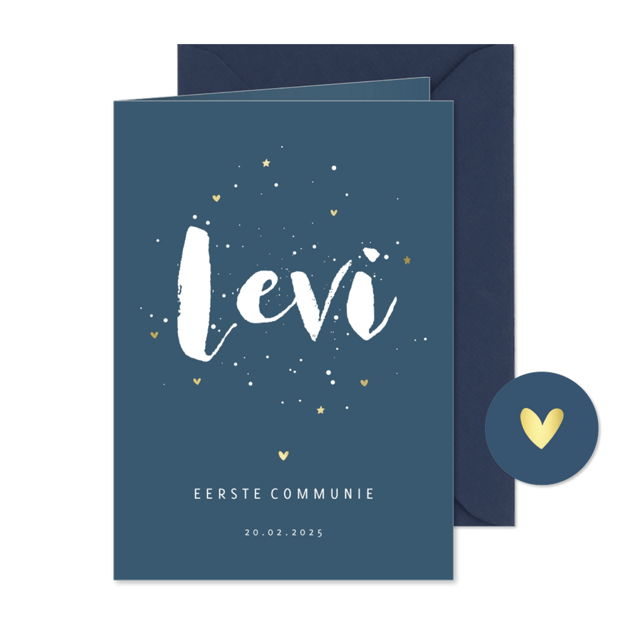 Communiekaart simpel met goudlook hartjes en sterretjes - Kaartimpressie
