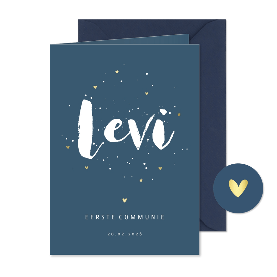 Communiekaart simpel met goudlook hartjes en sterretjes - Kaartimpressie