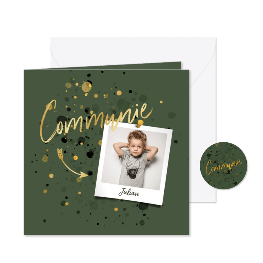 Communiekaart spetters goud donkergroen met foto - Kaartimpressie