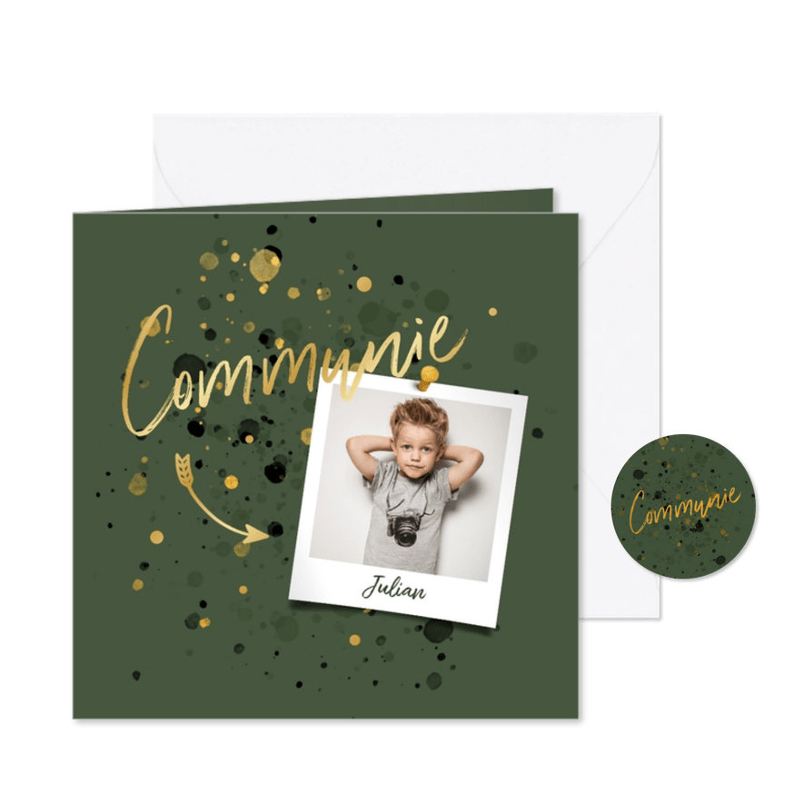 Communiekaart spetters goud donkergroen met foto - Kaartimpressie