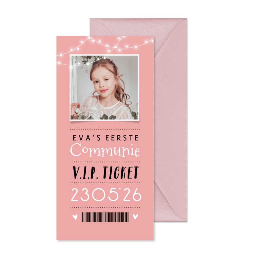 Communiekaart ticket lampjes feestje foto - Kaartimpressie