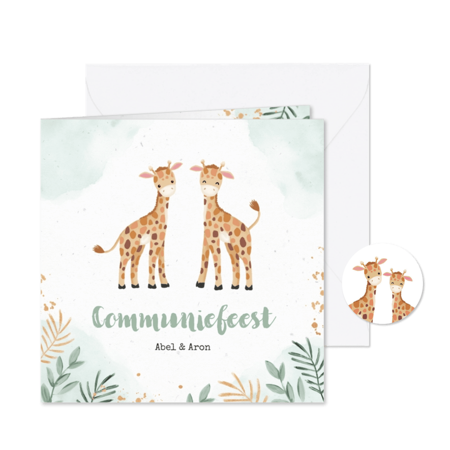 Communiekaart twee giraffen in jungle waterverf - Kaartimpressie