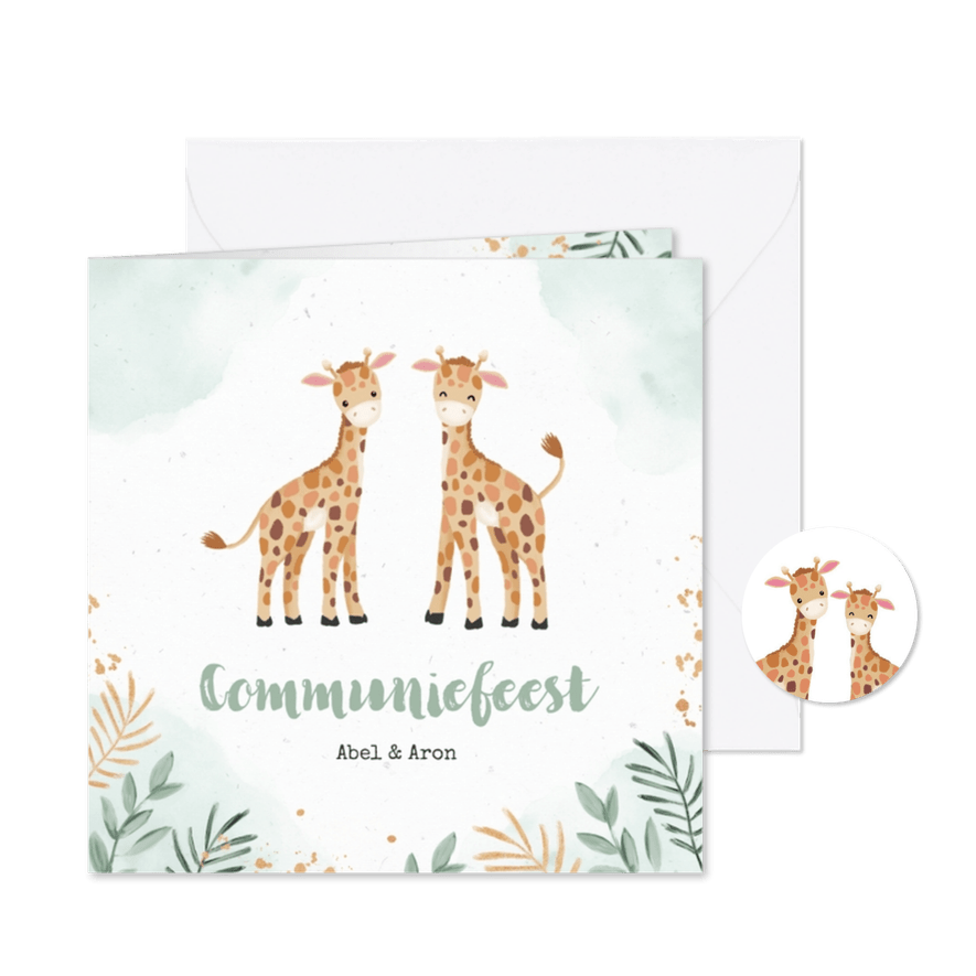 Communiekaart twee giraffen in jungle waterverf - Kaartimpressie