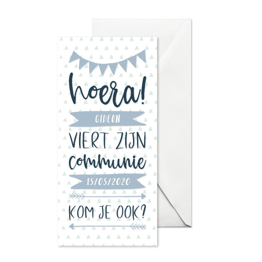 Communiekaart typografisch met slingers en pijlen jongen - Kaartimpressie