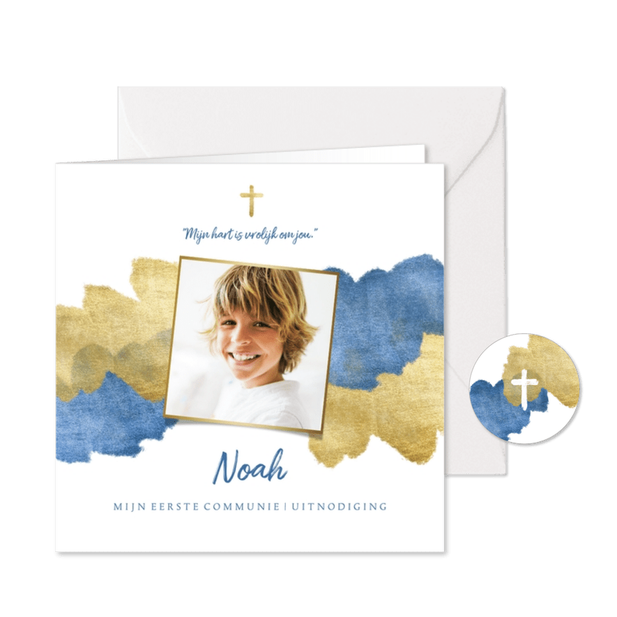 Communiekaart uitnodiging blauw aquarel metallic - Kaartimpressie