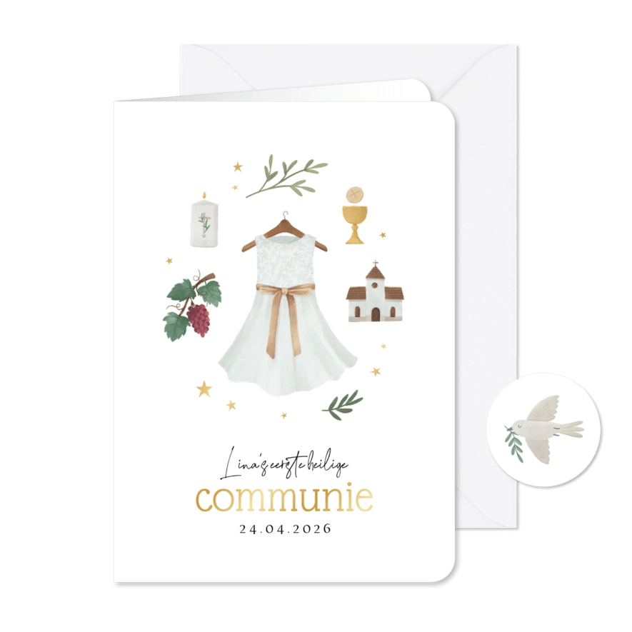 Communiekaart uitnodiging christelijk jurk kerk sterren - Kaartimpressie