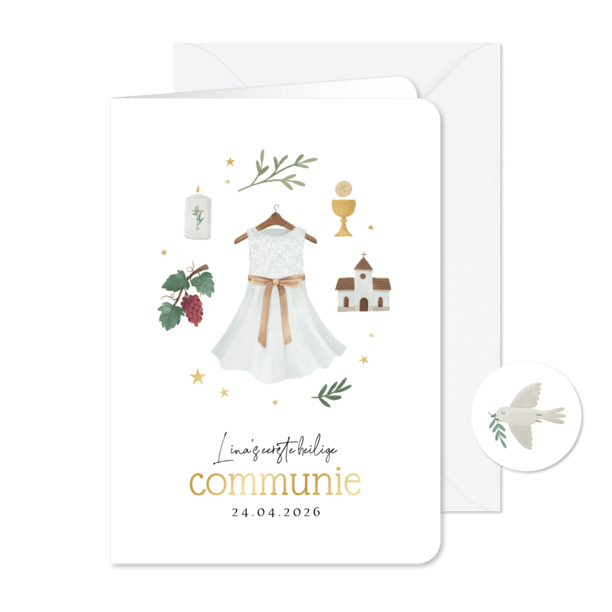 Communiekaart uitnodiging christelijk jurk kerk sterren - Kaartimpressie