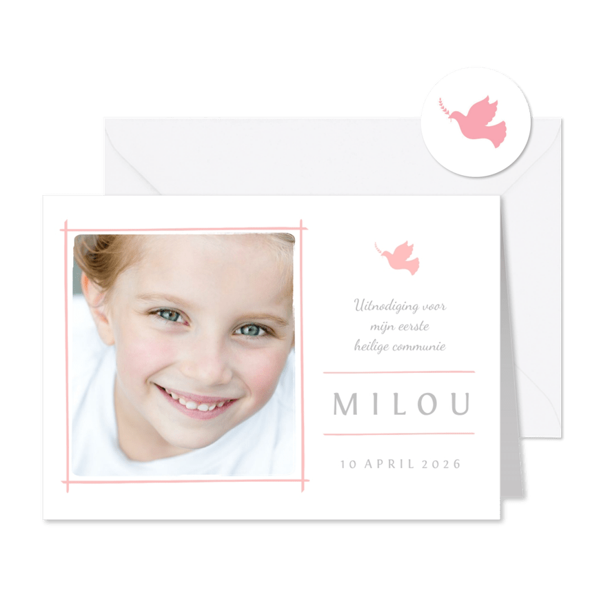Communiekaart uitnodiging foto en roze duifje - Kaartimpressie