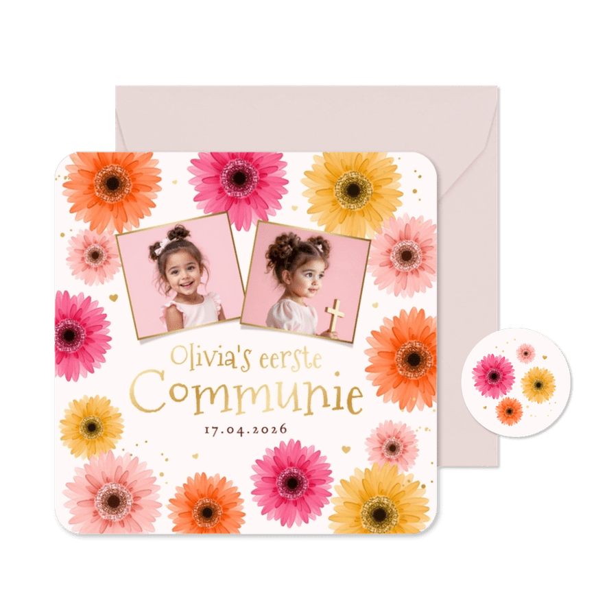 Communiekaart uitnodiging gerbera bloemen kleurrijk goud - Kaartimpressie