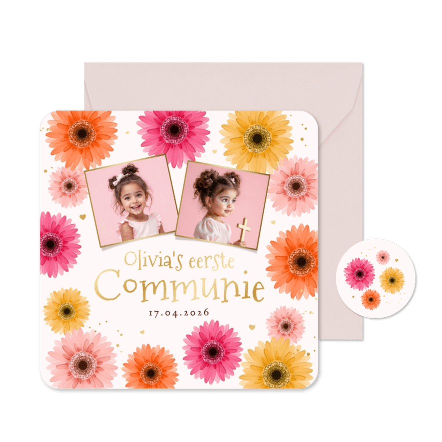 Communiekaart uitnodiging gerbera bloemen kleurrijk goud - Kaartimpressie