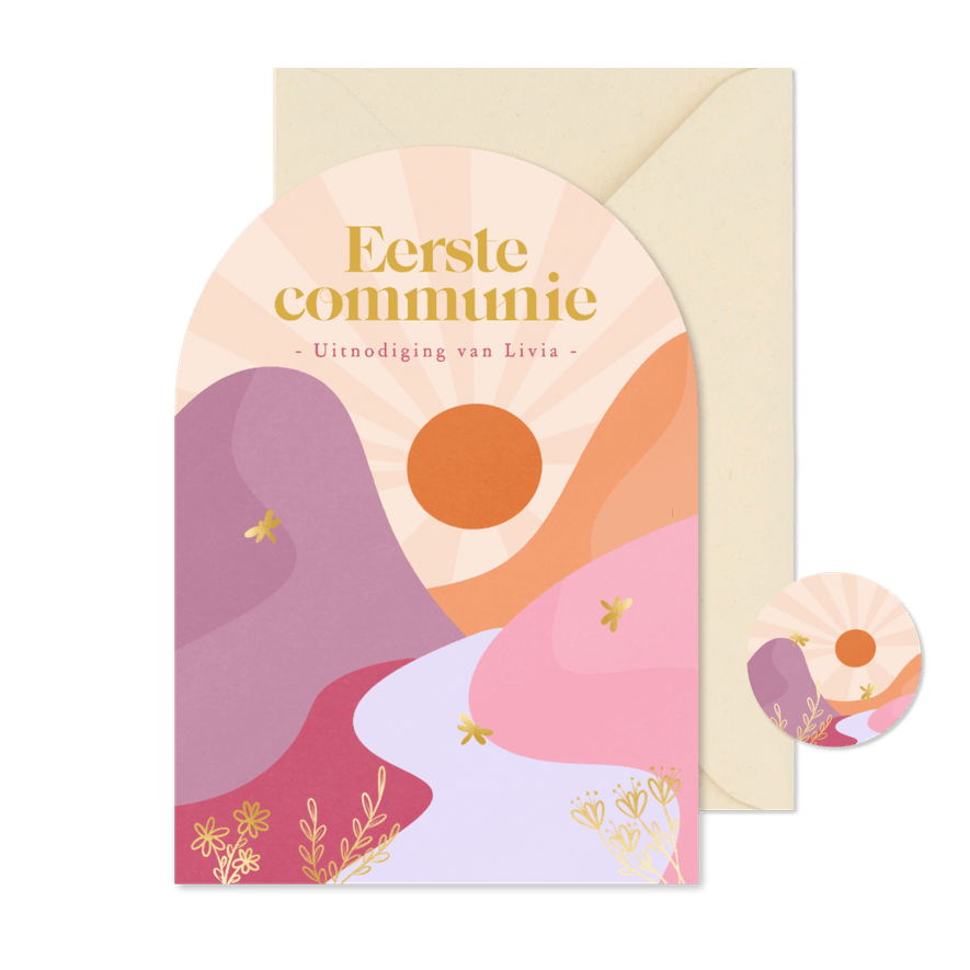 Communiekaart uitnodiging heuvels zonnig trendy kleuren - Kaartimpressie