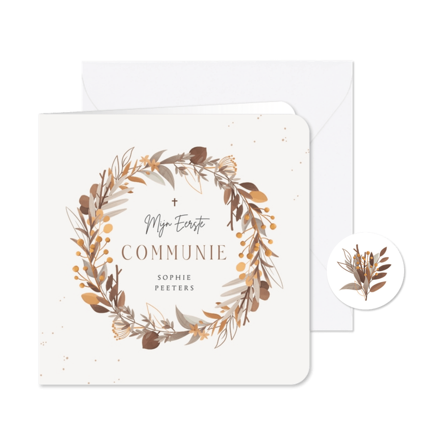 Communiekaart uitnodiging krans bladeren bloemen kruisje - Kaartimpressie