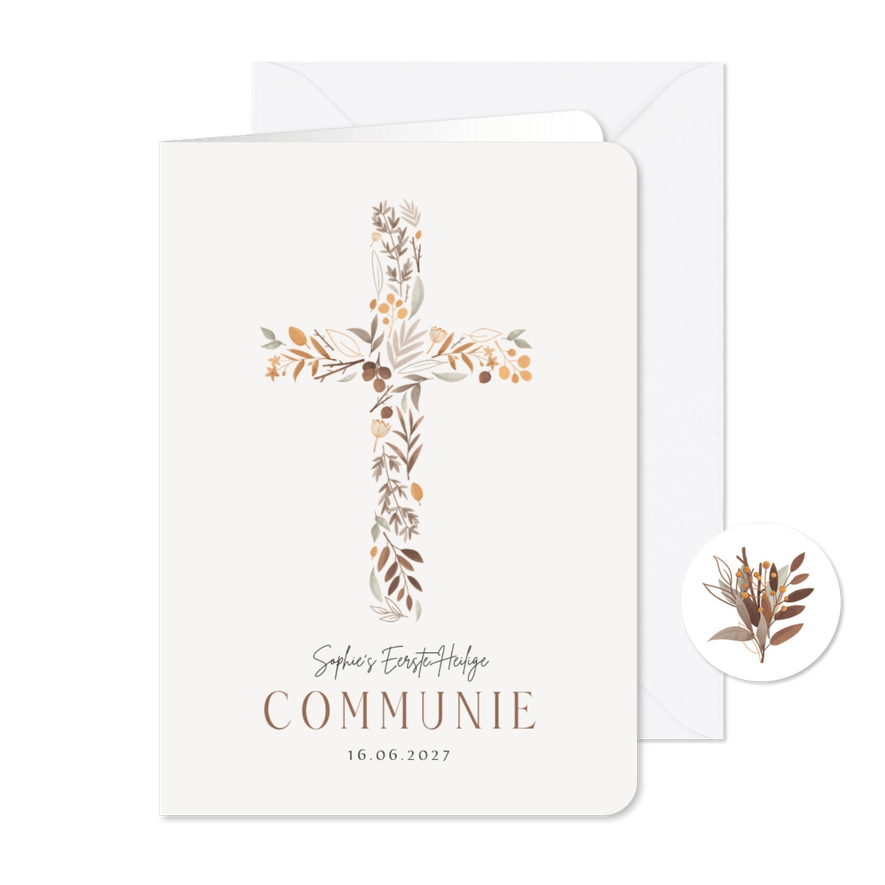 Communiekaart uitnodiging kruis bladeren bloemen - Kaartimpressie