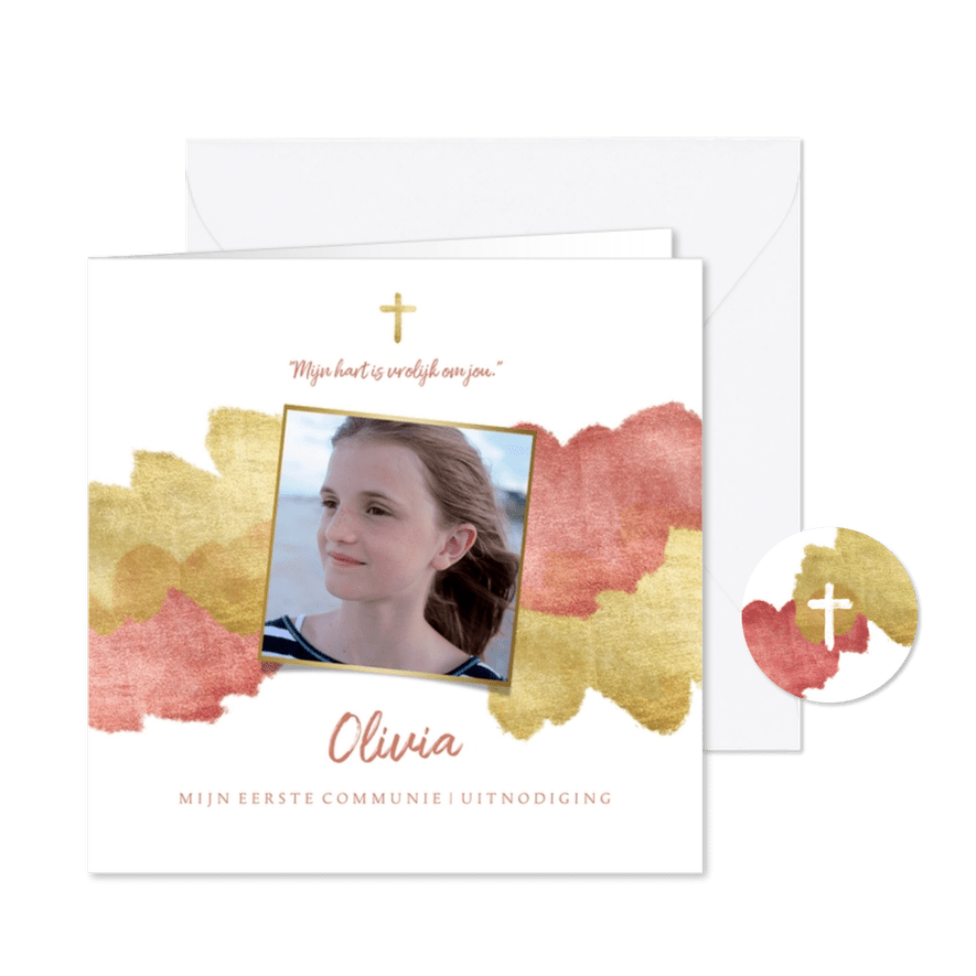 Communiekaart uitnodiging roze aquarel metallic - Kaartimpressie