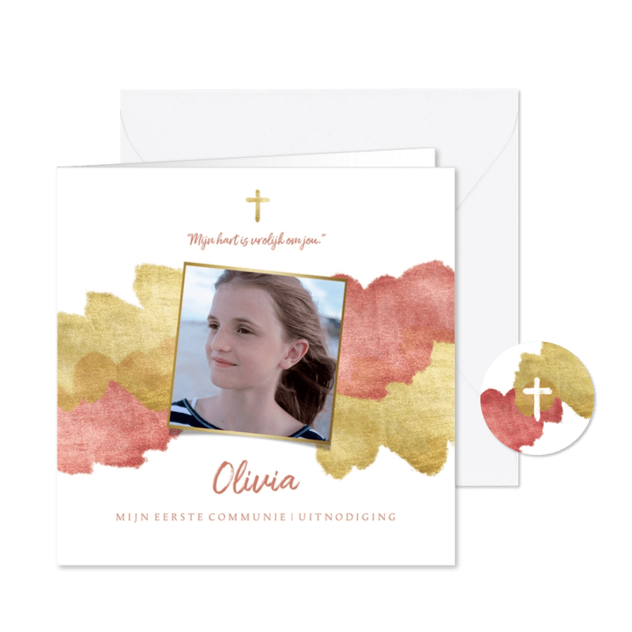 Communiekaart uitnodiging roze aquarel metallic - Kaartimpressie