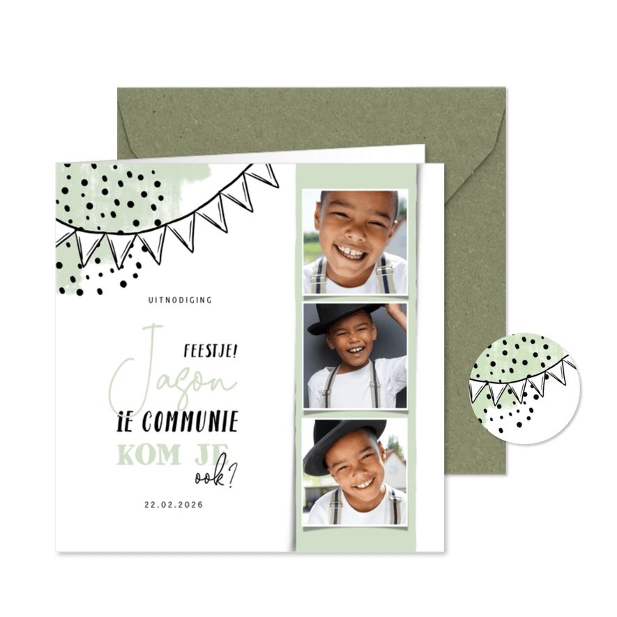 Communiekaart vierkant fotostrip met vlaggen en confetti - Kaartimpressie