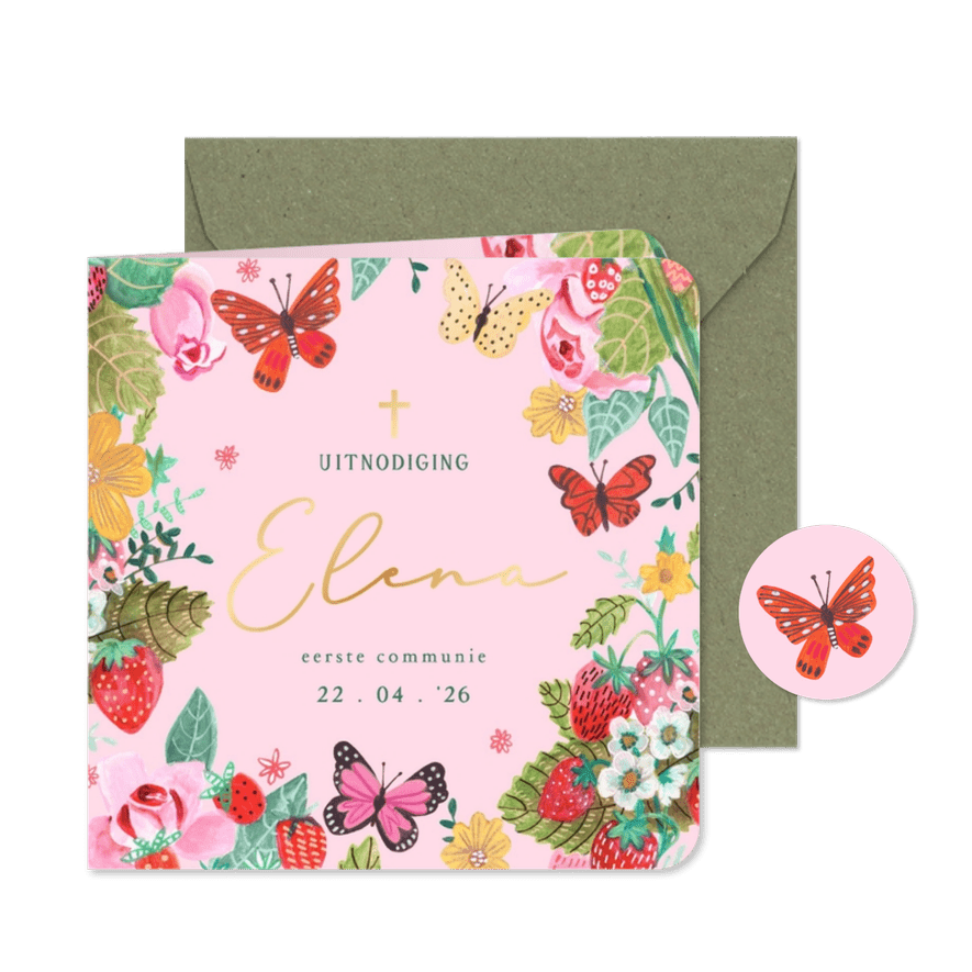 Communiekaart vlinders en bloemen met naam - Kaartimpressie