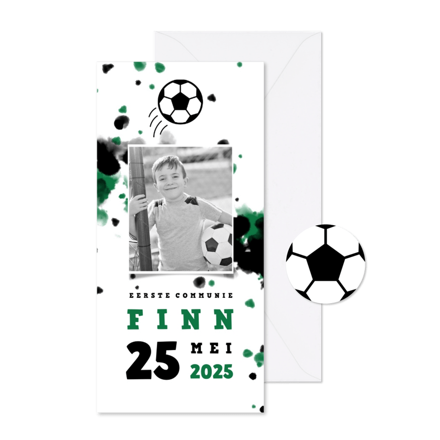 Communiekaart voetbal met foto en spetters - Kaartimpressie