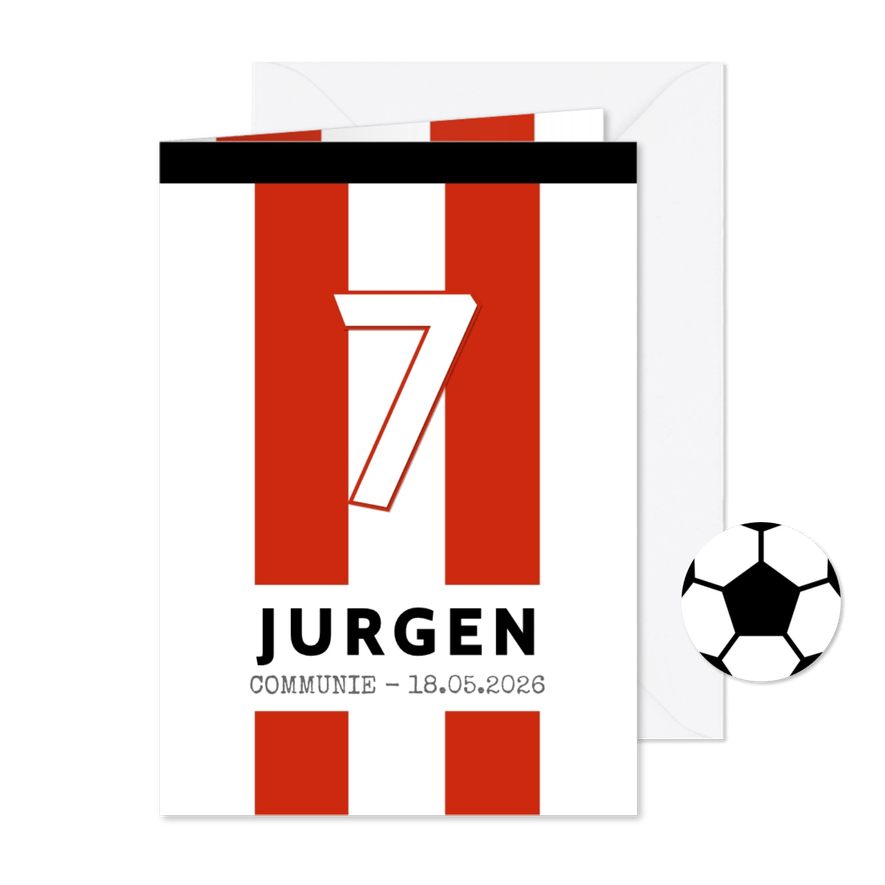 Communiekaart voetbalshirt gestreept rood wit - Kaartimpressie