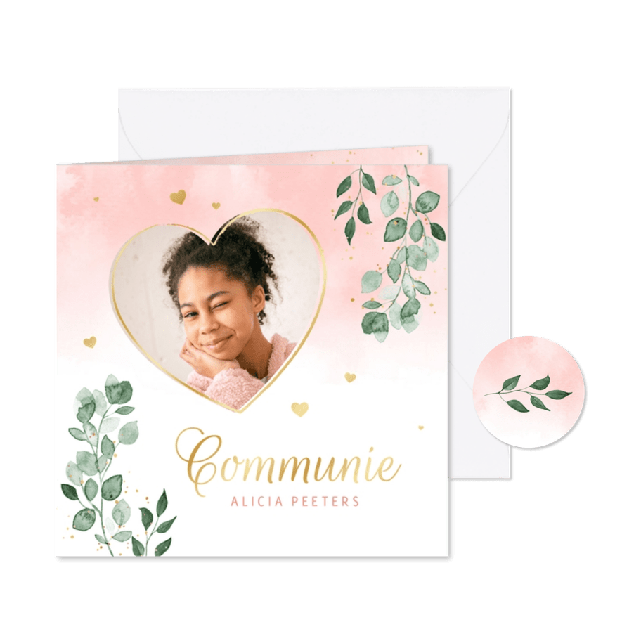 Communiekaart waterverf takjes goud hartjes foto - Kaartimpressie