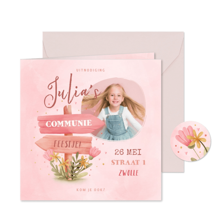 Communiekaart wegwijzer met foto, bloemen en hartjes - Kaartimpressie