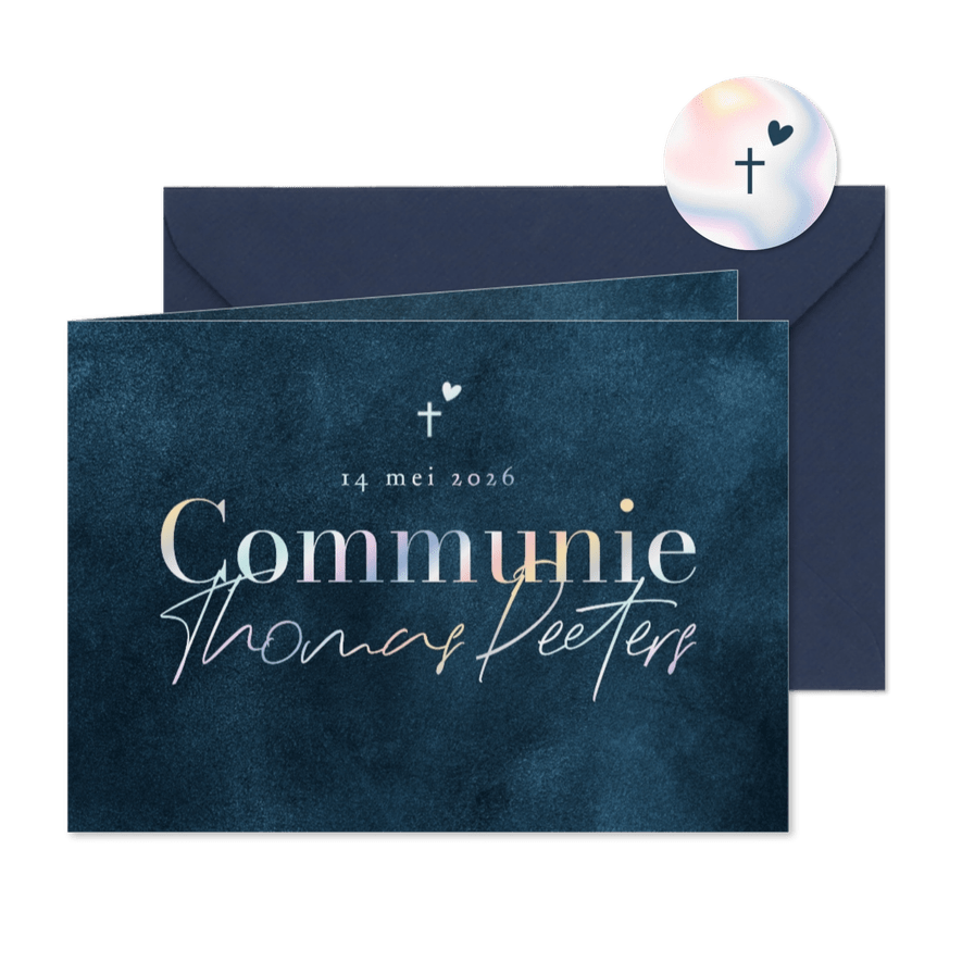 Communiekaartje blauw stijlvol kruisje holografisch folie - Kaartimpressie