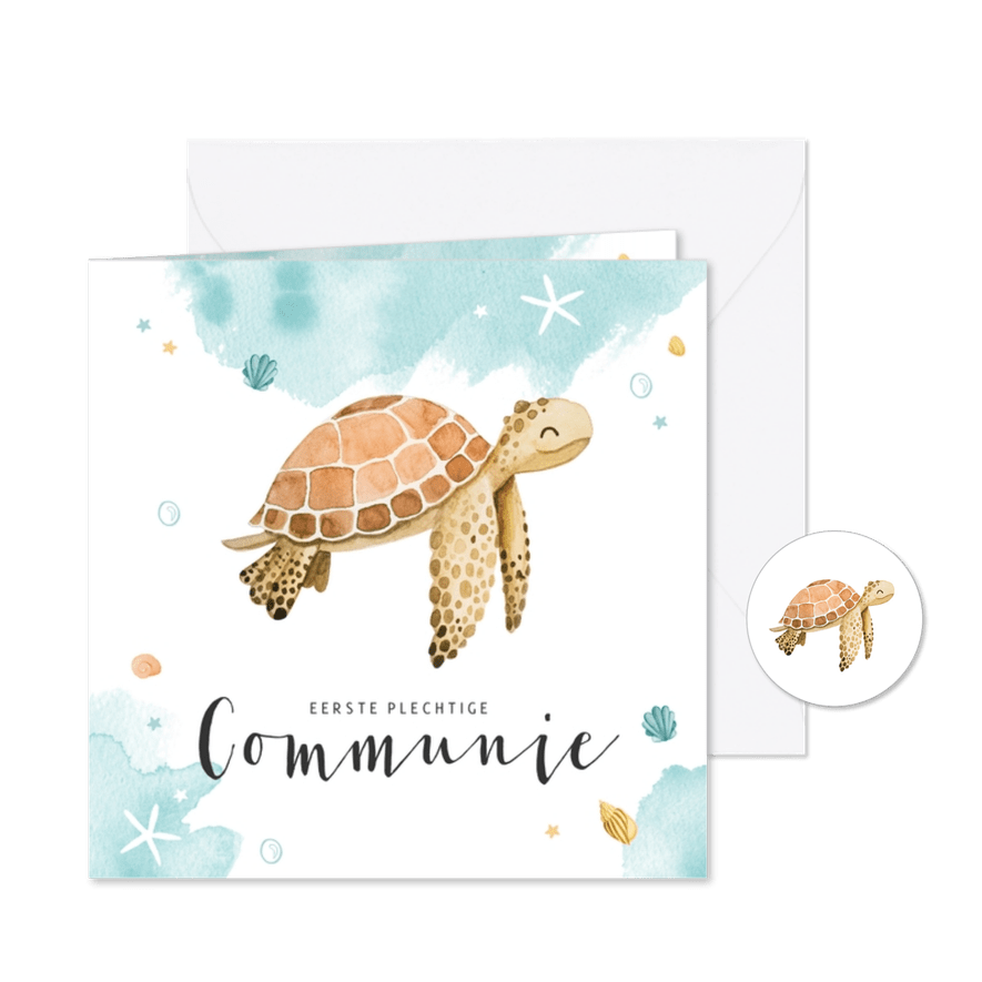 Communiekaartje schildpad waterverf lief zeesterren krab - Kaartimpressie