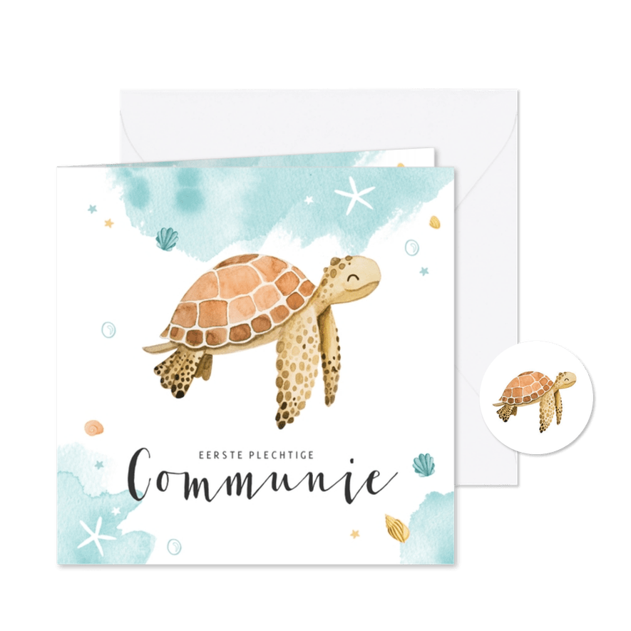 Communiekaartje schildpad waterverf lief zeesterren krab - Kaartimpressie