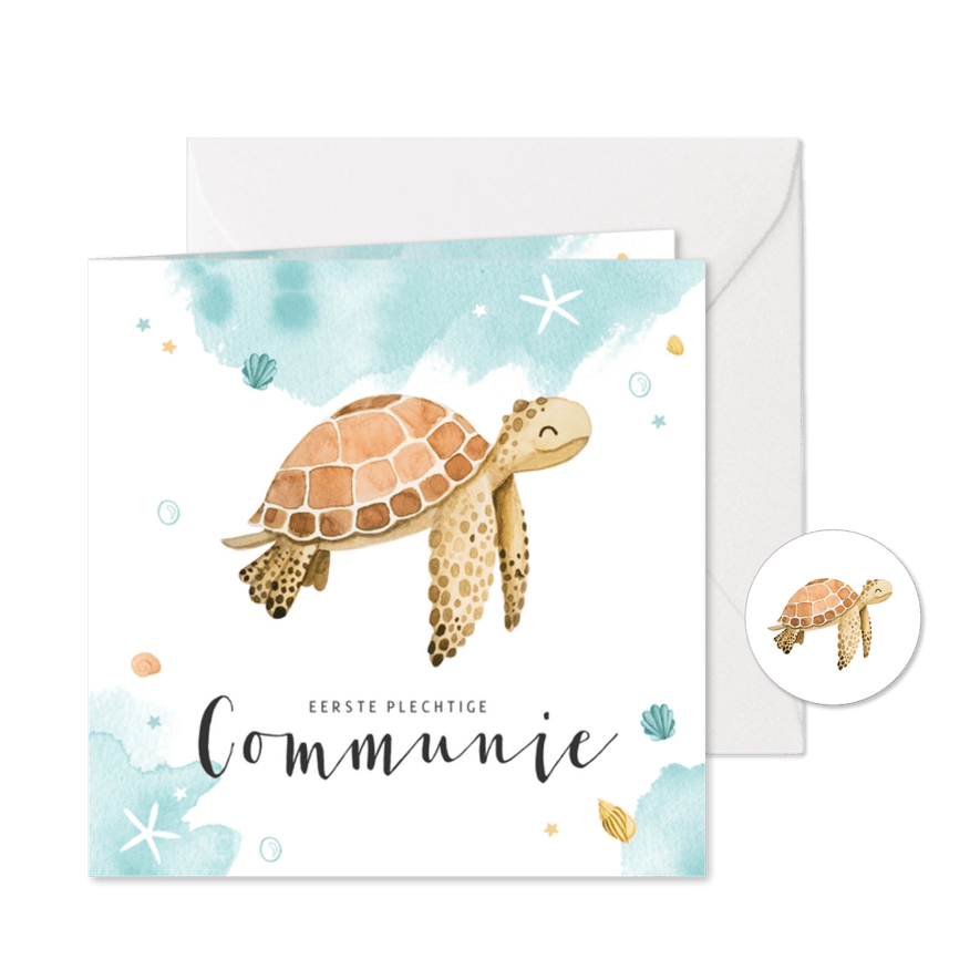 Communiekaartje schildpad waterverf lief zeesterren krab - Kaartimpressie