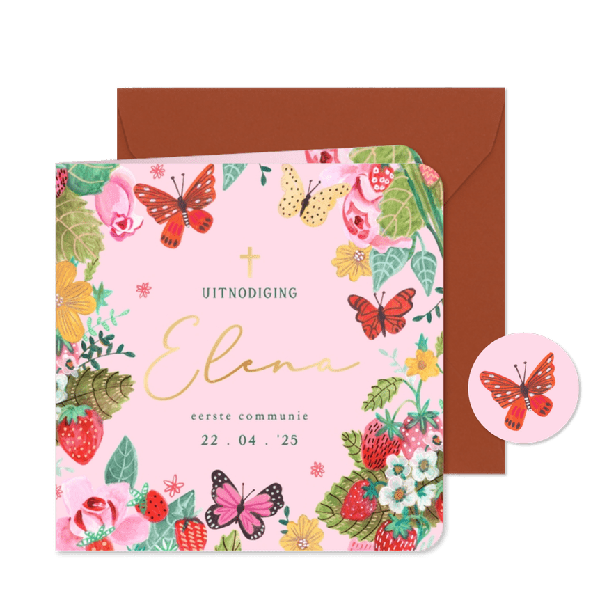 Communiekaartje uitnodiging bloemen en vlinders met naam - Kaartimpressie