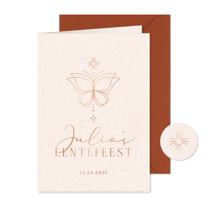 Communiekaartje vlinder lijntekening koperfolie - Kaartimpressie