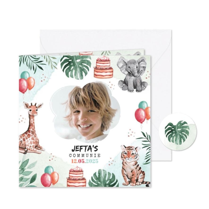 Communieviering uitnodiging met foto en dieren - Kaartimpressie